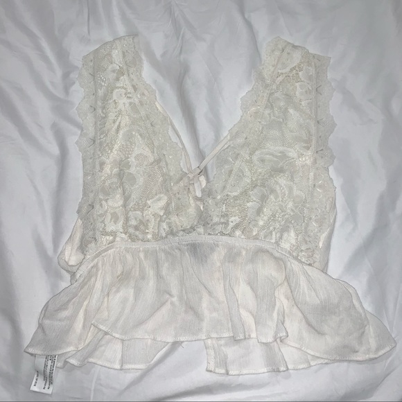 White Lacy Plunging Crop Top with Ruffle Hem - Picture 2 of 5